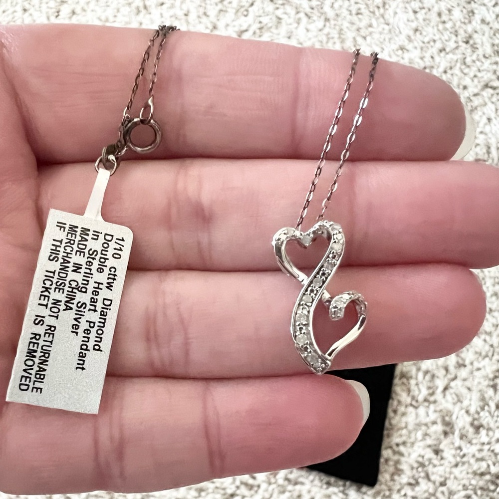 Genuine natural 1/10 Ct tw diamond double heart pendant sterling silver vintage